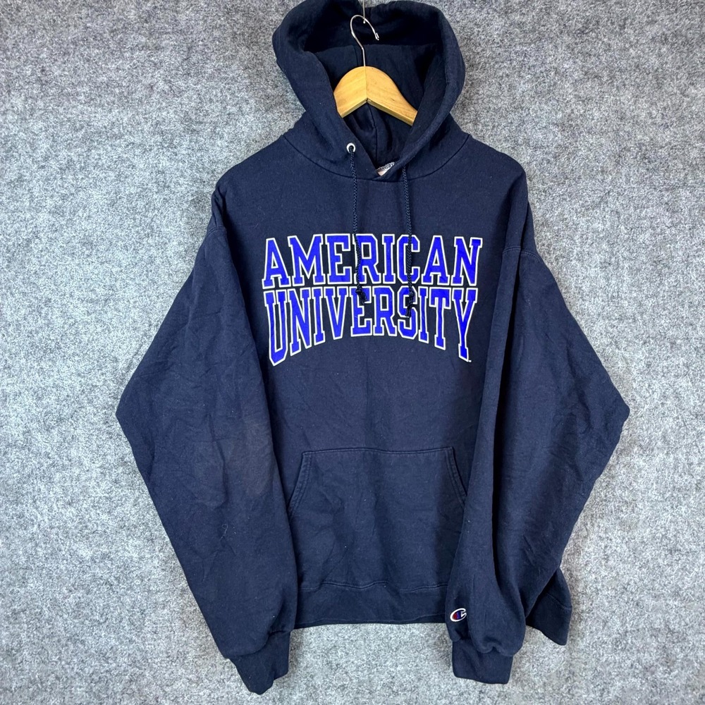 Champion Hoodie Mens XL Blue American University Graphic Print Kangaroo Pocket